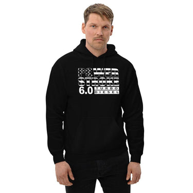 man modeling 6.0 Power Stroke Stars And Stripes Hoodie in black
